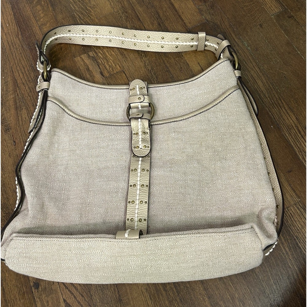 Kate Landry Canvas and Leather Hobo Shoulder Bag Beige Large Resort Classic Chic